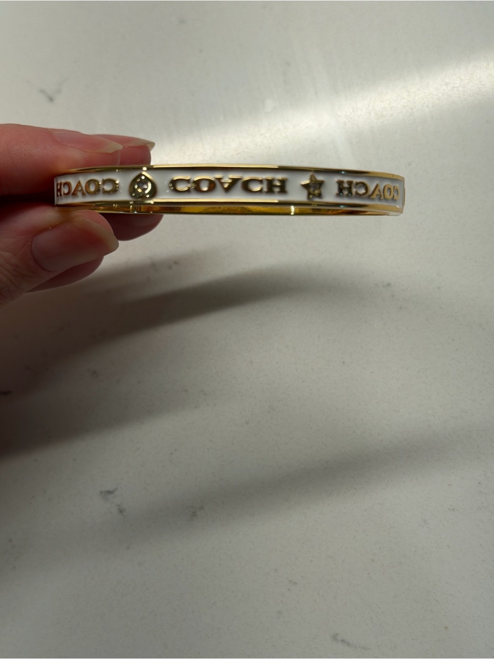 Coach White and Gold Logo Enamel Bangle Bracelet size 6.5